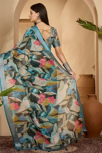 Blue linen floral printed casual saree with blouse piece
