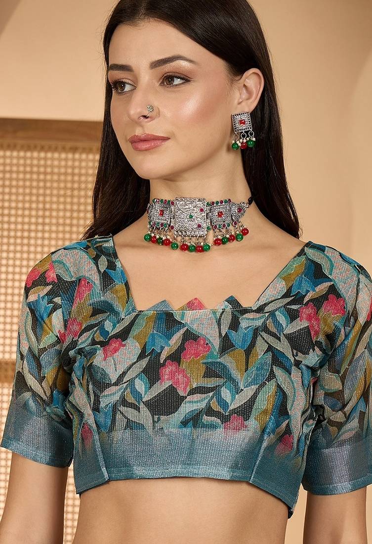 Blue linen floral printed casual saree with blouse piece