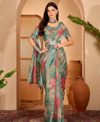Green linen floral printed casual saree with blouse piece 1