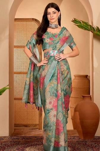 Green linen floral printed casual saree with blouse piece