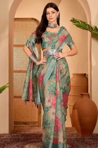Green linen floral printed casual saree with blouse piece