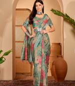 Green linen floral printed casual saree with blouse piece