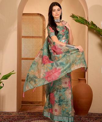 Green linen floral printed casual saree with blouse piece 2