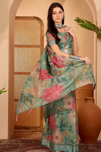 Green linen floral printed casual saree with blouse piece