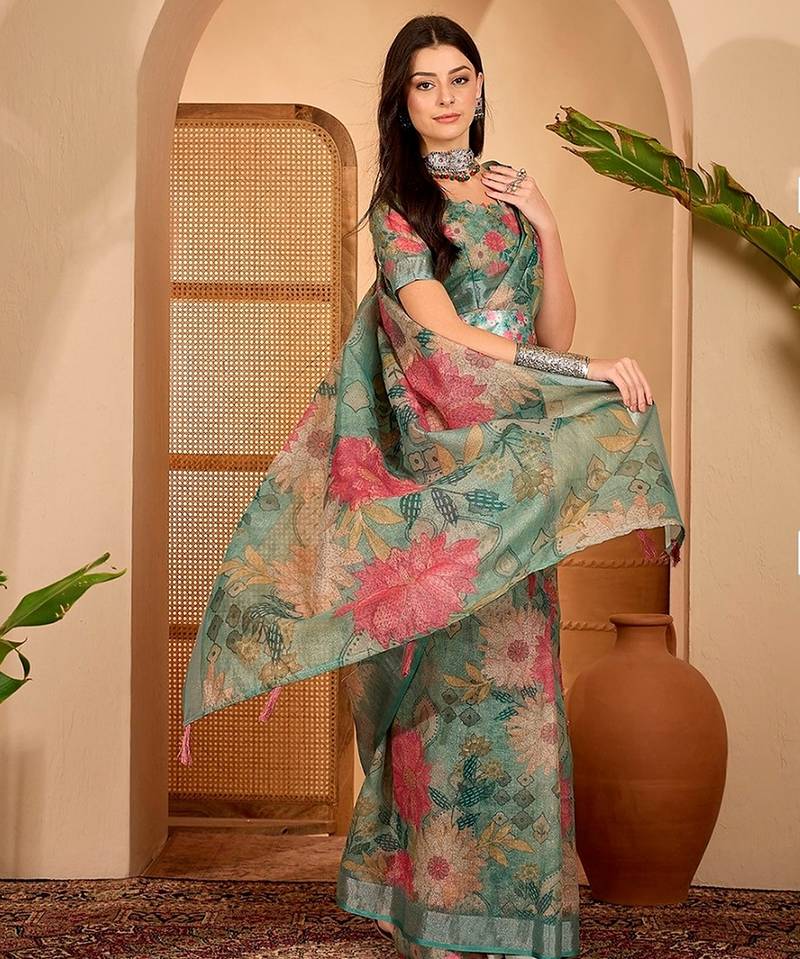 Green linen floral printed casual saree with blouse piece