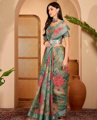 Green linen floral printed casual saree with blouse piece 3