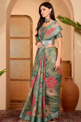 Green linen floral printed casual saree with blouse piece