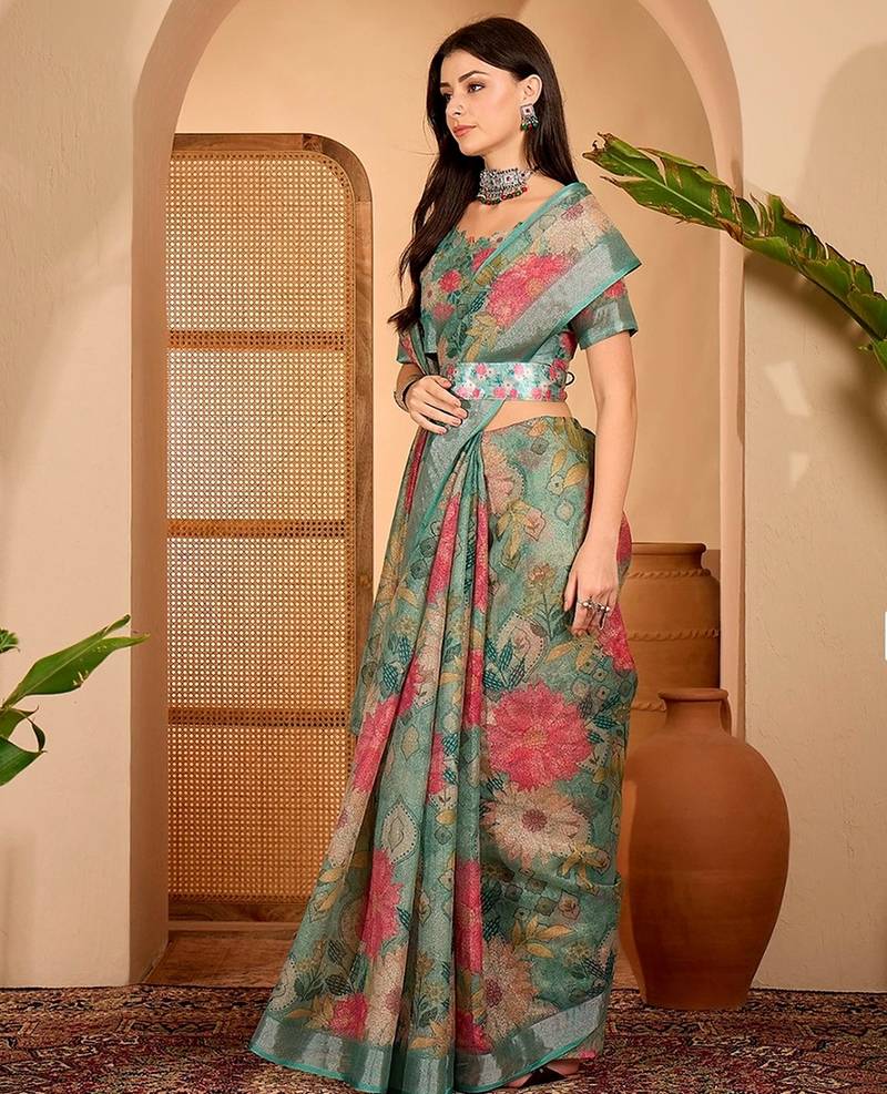 Green linen floral printed casual saree with blouse piece