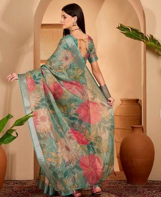 Green linen floral printed casual saree with blouse piece 4