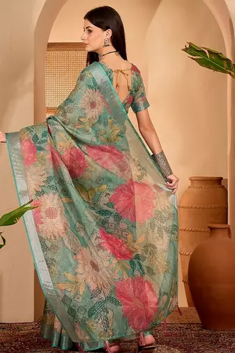 Green linen floral printed casual saree with blouse piece