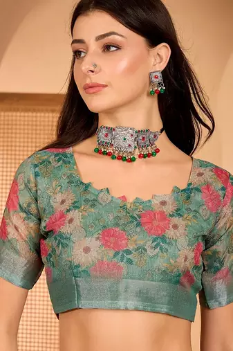 Green linen floral printed casual saree with blouse piece