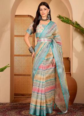Sky blue linen geometric printed casual saree with blouse piece 1