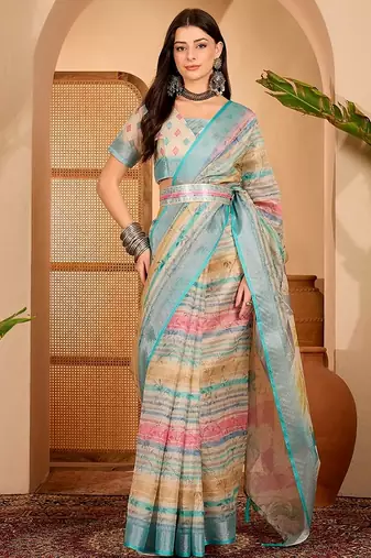 Sky blue linen geometric printed casual saree with blouse piece