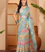 Sky blue linen geometric printed casual saree with blouse piece
