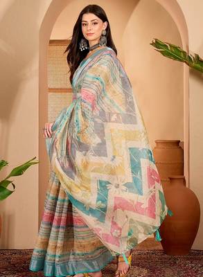 Sky blue linen geometric printed casual saree with blouse piece 2