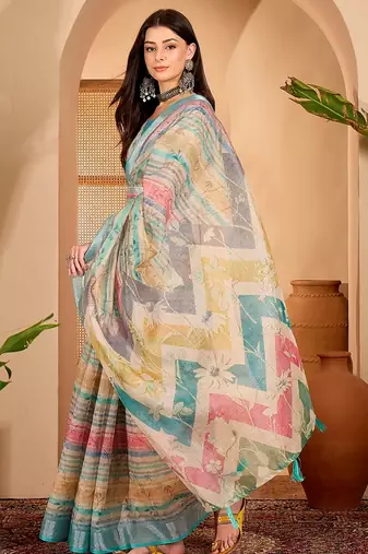 Sky blue linen geometric printed casual saree with blouse piece
