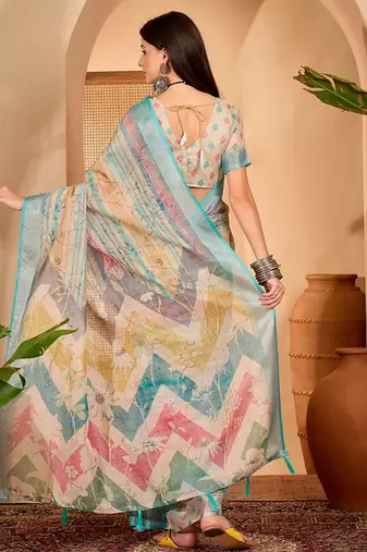Sky blue linen geometric printed casual saree with blouse piece