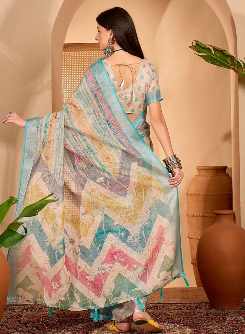 Sky blue linen geometric printed casual saree with blouse piece