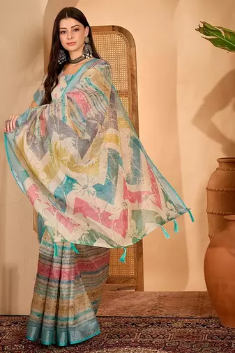 Sky blue linen geometric printed casual saree with blouse piece