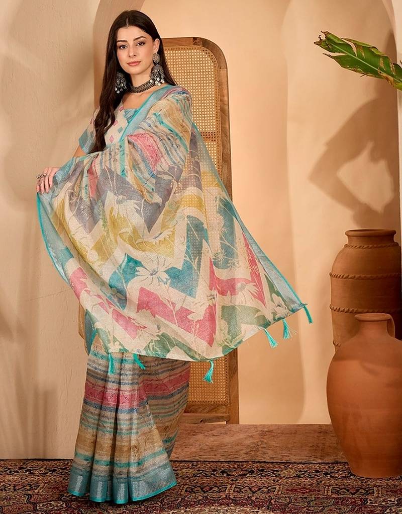 Sky blue linen geometric printed casual saree with blouse piece