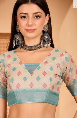 Sky blue linen geometric printed casual saree with blouse piece 5