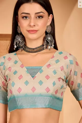 Sky blue linen geometric printed casual saree with blouse piece