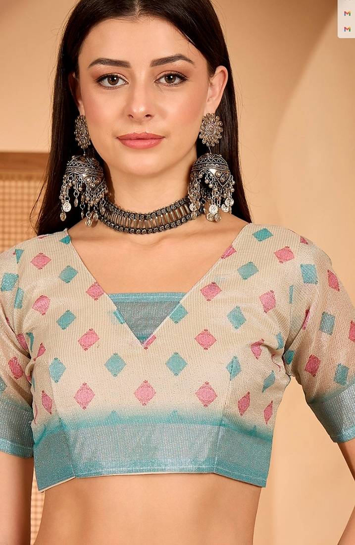 Sky blue linen geometric printed casual saree with blouse piece