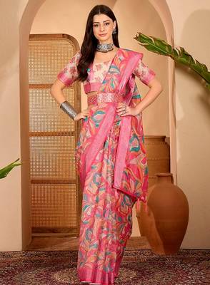 Pink linen floral printed casual saree with blouse piece 1