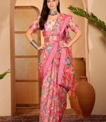 Pink linen floral printed casual saree with blouse piece