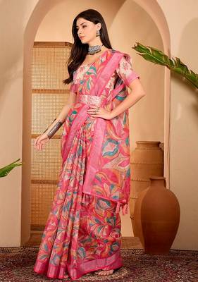 Pink linen floral printed casual saree with blouse piece 2