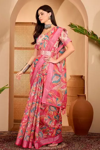Pink linen floral printed casual saree with blouse piece