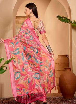Pink linen floral printed casual saree with blouse piece 3