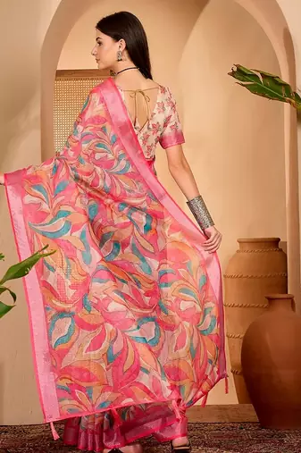 Pink linen floral printed casual saree with blouse piece