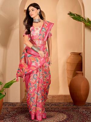 Pink linen floral printed casual saree with blouse piece 4