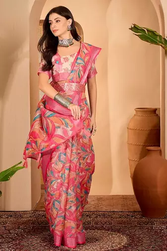 Pink linen floral printed casual saree with blouse piece