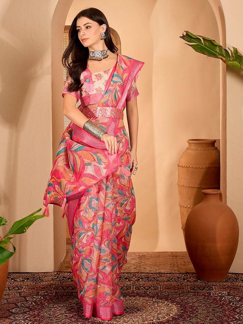 Pink linen floral printed casual saree with blouse piece