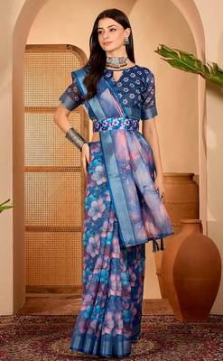 Navy blue linen floral printed casual saree with blouse piece 1