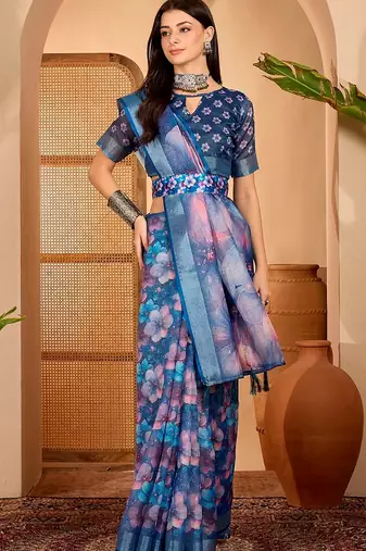 Navy blue linen floral printed casual saree with blouse piece