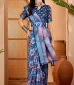 Navy blue linen floral printed casual saree with blouse piece