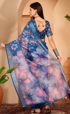 Navy blue linen floral printed casual saree with blouse piece 4