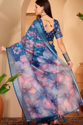 Navy blue linen floral printed casual saree with blouse piece