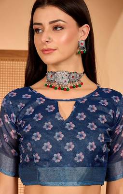 Navy blue linen floral printed casual saree with blouse piece 5