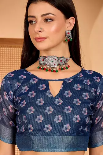 Navy blue linen floral printed casual saree with blouse piece