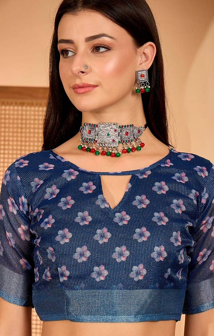 Navy blue linen floral printed casual saree with blouse piece