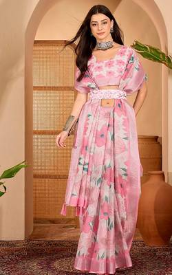 Pink linen floral printed casual saree with blouse piece 1