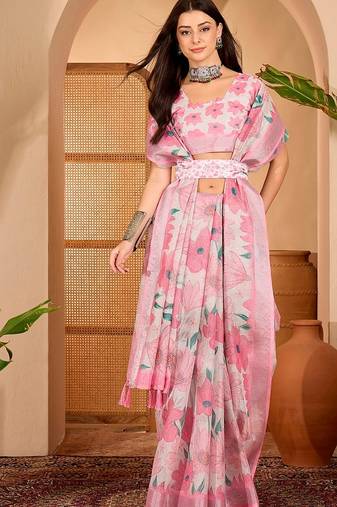 Pink linen floral printed casual saree with blouse piece