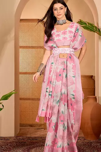 Pink linen floral printed casual saree with blouse piece
