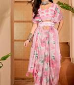 Pink linen floral printed casual saree with blouse piece