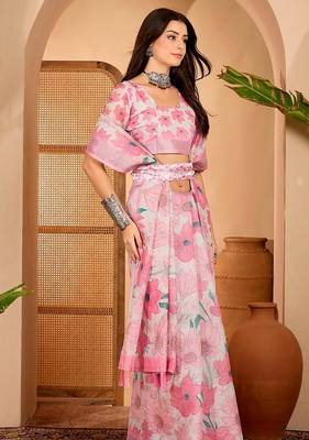 Pink linen floral printed casual saree with blouse piece 2