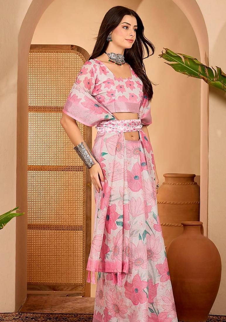 Pink linen floral printed casual saree with blouse piece